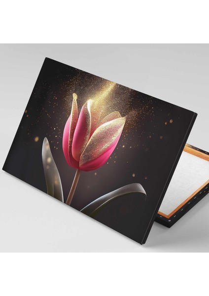 Gold Detaylı Pembe Lale Altın Pırıltılar Lüks Dekoratif Kanvas Tablo fiyatları