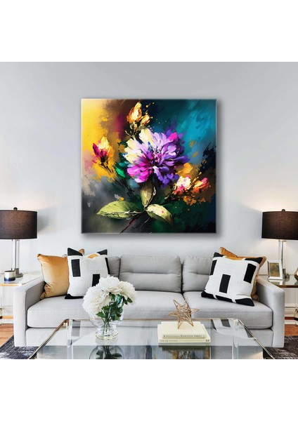 Renkli Çiçek Demeti Mor Krizantem Fırça Izleri Doğa Dekoratif Kanvas Tablo