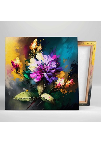 Renkli Çiçek Demeti Mor Krizantem Fırça Izleri Doğa Dekoratif Kanvas Tablo fiyatları