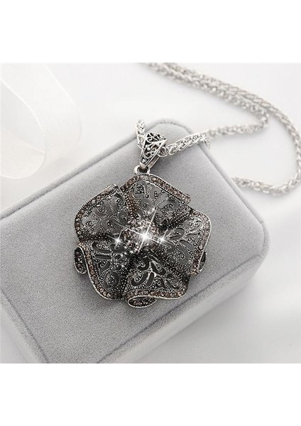 Vintage Hollow Rhinestone Çiçek Moda Uzun Zincir Takı Kolye (Yurt Dışından)