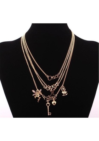 Avrupa Moda Baykuş + Anahtar + Melek + Ingilizce Mektup Çok Katmanlı Zarif Kolye (Yurt Dışından)