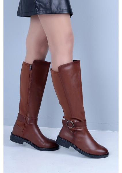 Düz Taban Diz Altı Kadın Çizme Kahverengi fiyatları