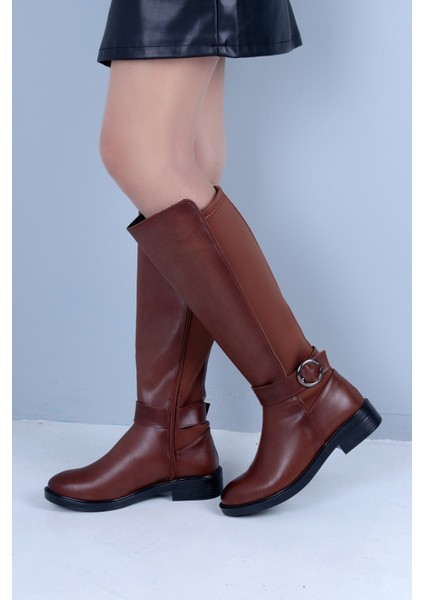 Düz Taban Diz Altı Kadın Çizme Kahverengi modelleri