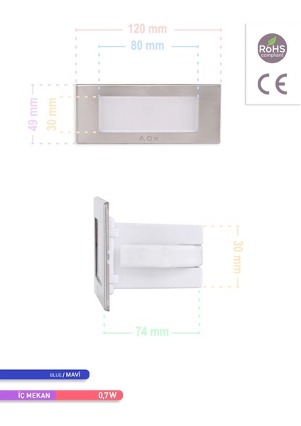 LED Merdiven-Duvar Armatürü Dikdörtgen Mavi Işık 1.5W fırsatları