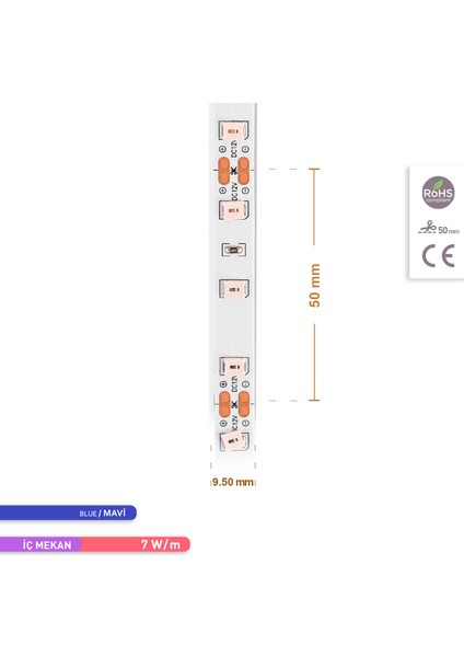 Şerit LED 60 Led'li Mavi Işık 7W 5 Metre AS01-00806