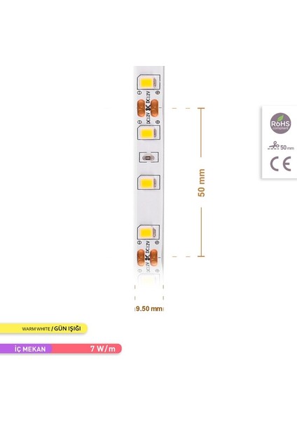 Şerit LED 60 Led'li 3000K Günışığı 7W 5 Metre AS01-00800