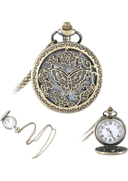 Vintage Kelebek Çiçek Oymak Kapak Kuvars Cebi Kazak Zinciri Kolye (Yurt Dışından)