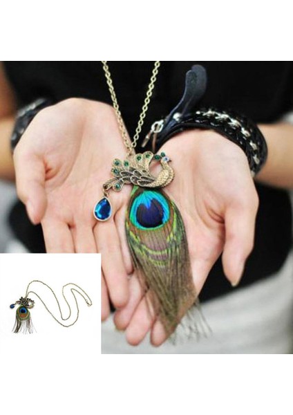 Boho Kristal Uzun Zincir Tavuskuşu Kazak Kolye (Yurt Dışından)