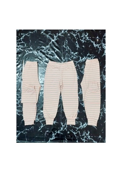 3'lü Kız Çocuk Alt Eşofman Soft Pembe Çizgili Pantolon Pijama Altı Pamuklu