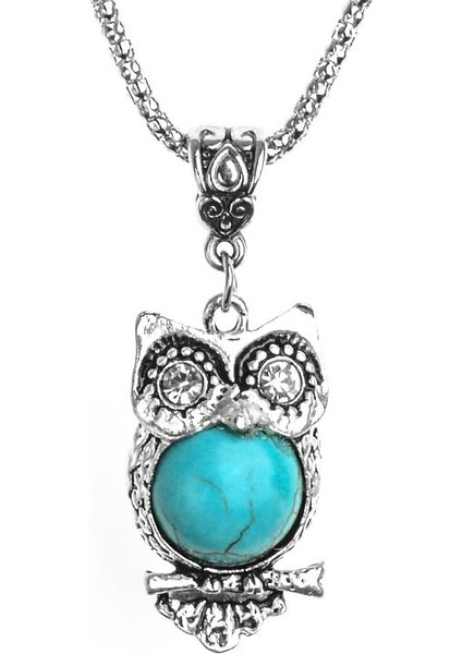 Turkuaz Taşlı Baykuş Triko Zincirli Ucu Kolye (Yurt Dışından)