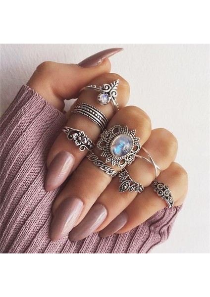 8 Adet / Takım Lotus Yapay Opal Yüzük Sunring Kadınlar Için Set Taç Çiçek Kalp Kolye (Yurt Dışından)