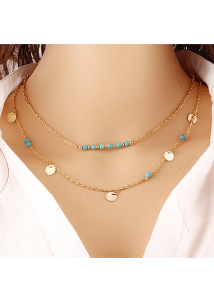 Moda Mavi Taş Zincir Gümüş Renk 2 Katmanlar Tıknaz Bildirimi Kadınlar Takı Bohem Kolye (Yurt Dışından) fiyatları