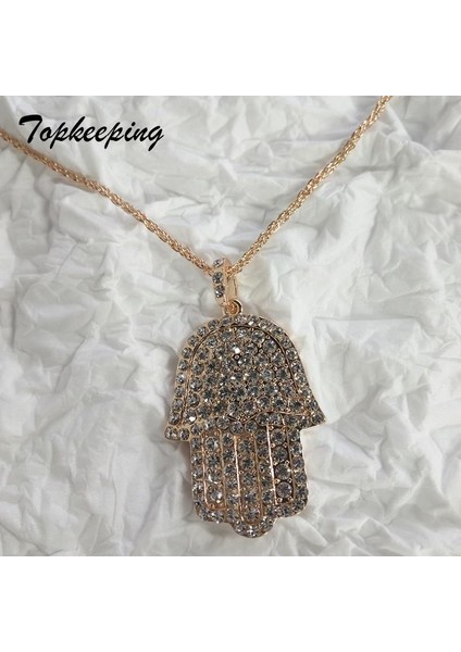 Erkek Moda Takı Lüks Mikro Açacağı Bling Kübik Zirkonya Fatima El Hamsa Buzlu Out Serin Trendy Erkek Hip Hop Kolye (Yurt Dışından)