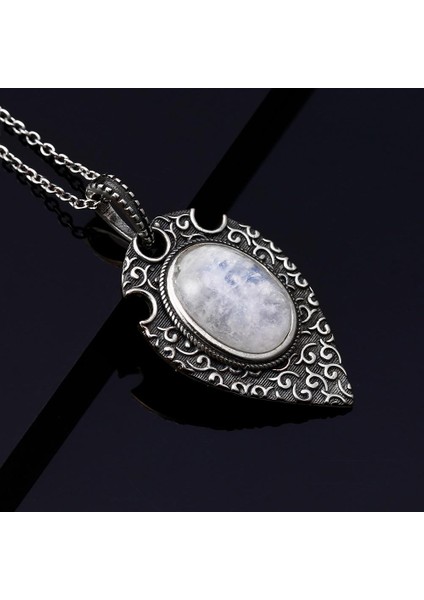 Gümüş Kaplama Büyük Oval Doğal Aytaşı Retro Bohem Tarzı Kolye (Yurt Dışından) modelleri
