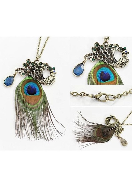 Sfd Kadın Moda Vintage Tavuskuşu Tüyü Kristal Zincir Kolye (Yurt Dışından)