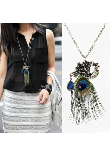 Ev Gereçleri Kadın Retro Tavuskuşu Tüyü Kristal Uzun Kazak Zincir Takı Kolye (Yurt Dışından)