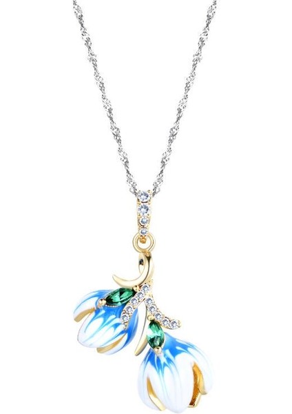 Kadın Emaye Çift Tomurcuk Çiçek Nişan Düğün Gerdanlık Zincir Takı Kolye (Yurt Dışından)