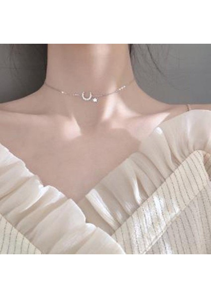 Yıldız Ay Klavikula Zinciri Kore Zirkon Kadın Takısınıne Kolye (Yurt Dışından)