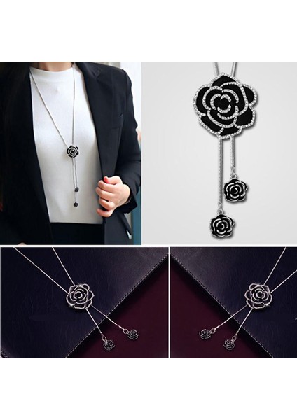 Siyah Gül Çiçek Kazak Zinciri Moda Metal Zincir Kristal Çiçek Düzeltilmiş Kolye (Yurt Dışından) indirimleri