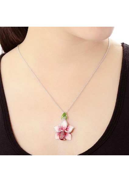 Nefis Emaye Şeftali Çiçeği Yaprak Kadın Nişan Düğün Parti Takı Kolye (Yurt Dışından) modelleri