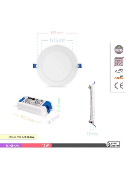 12W 4000K Ilık Beyaz Sıva Altı Yuvarlak LED Panel Armatürü AP01-01210