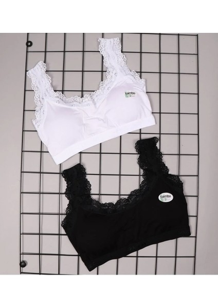 Kadın Pamuklu Dantelli 2'li 2 Adet Siyah Beyaz Içi Pedli Toplayıcı Büyük Beden Ribana Sütyen