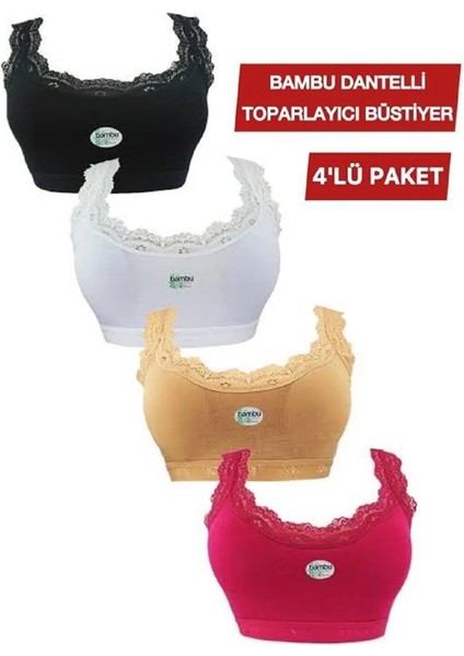 Genç Kız Alıştırma Sütyeni Bambu Dantel Detaylı Kalın Askılı Pedli 4 Adet Yarım Atlet Büstiyer 4lü Bambu