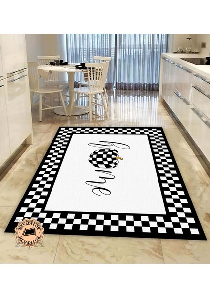 Kenarları Dama Desenli Modern Halı Makinede Yıkanabilir Dekoratif Home Yazılı Yolluk