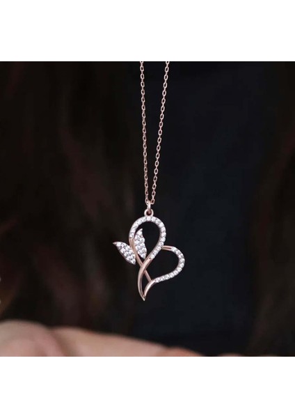 Kalp ve Kelebek Rose Gümüş Kolye -Z3492