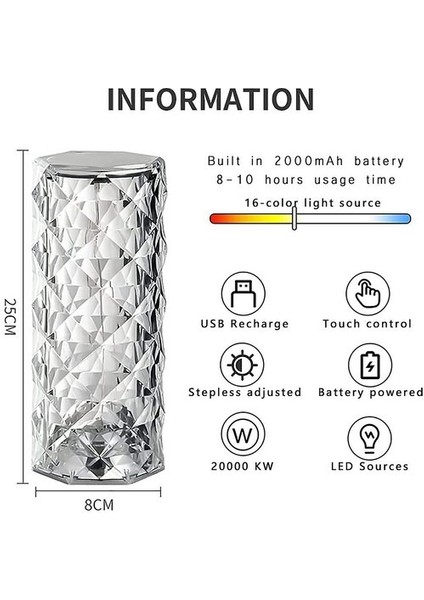 Kristal Elmas Masa Lambası 16 Renk USB Şarjlı Dokunmatik