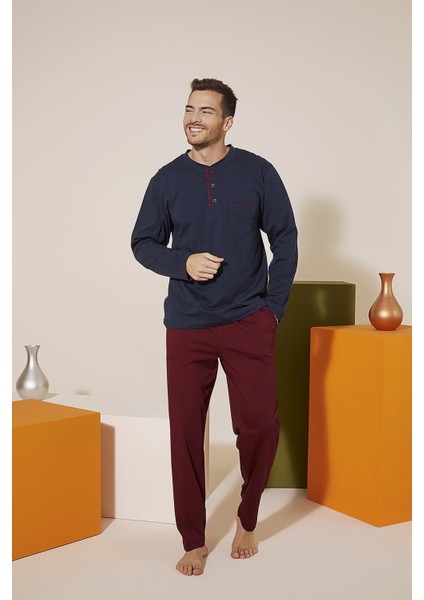 9221 Erkek Midi Yaka Pantolon Baskılı Pijama Takım
