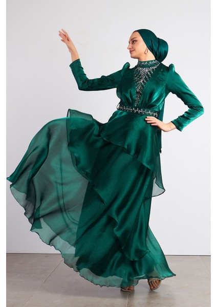 Yeşil Açelya Tesettür Abiye Elbise modelleri