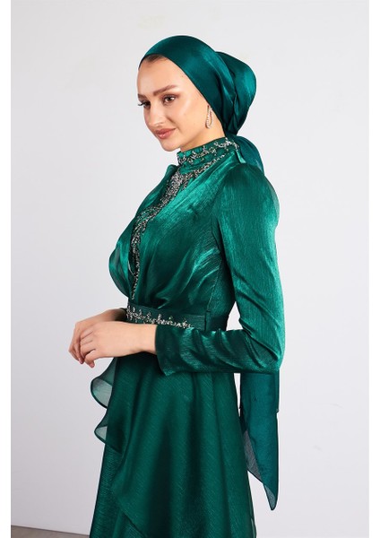 Yeşil Açelya Tesettür Abiye Elbise fırsatları