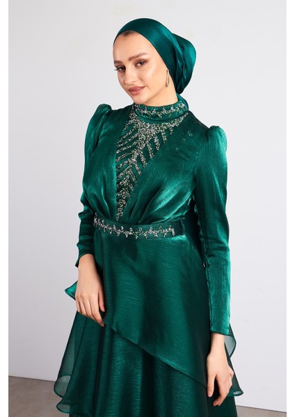 Yeşil Açelya Tesettür Abiye Elbise indirimleri