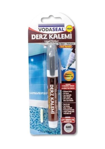 Vodaseal Çift Uçlu Su Bazlı Kokusuz Kalıcı Derz Kalemi Gri