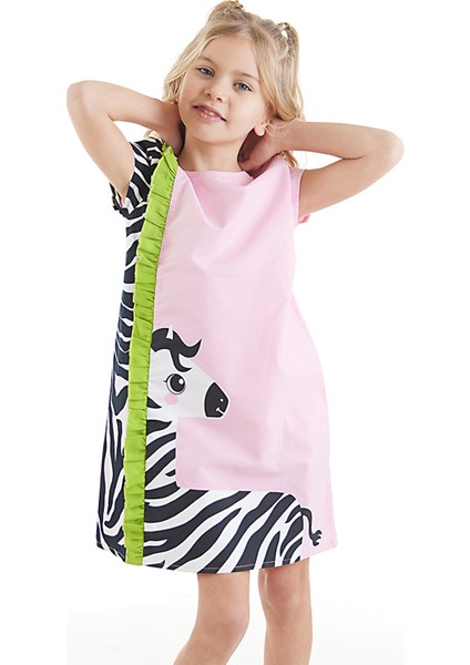 Fırfırlı Zebra Kız Çocuk Pembe Elbise