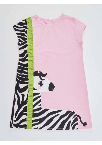 Fırfırlı Zebra Kız Çocuk Pembe Elbise