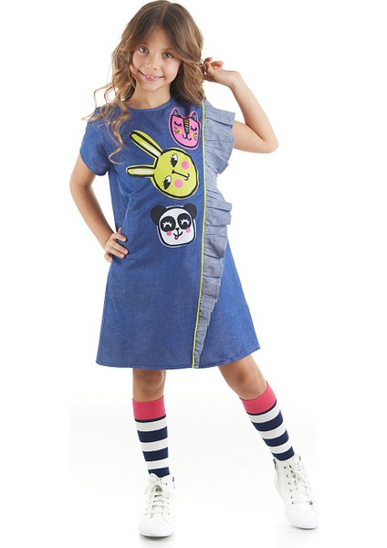 Üç Arkadaş Dokuma Kız Çocuk Mavi Elbise