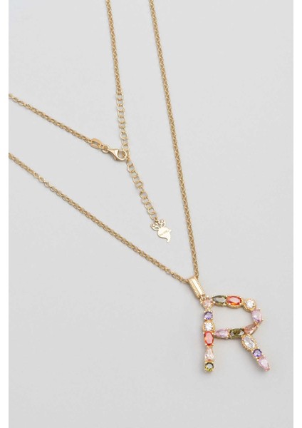 R Harfi Günışığı Renkli 18 Ayar Sarı Altın Kaplama Gümüş Kolye