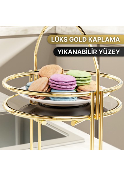 Ikramlık 2 Katlı 40 cm Gold Lüks Kurabiyelik Tepsi Servis Sunum Organizeri Mutfak Düzenleyici