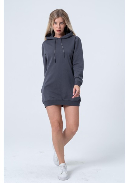 Füme Uzun Sweatshirt Elbise Tunik Uzun Kollu Yandan Cepli