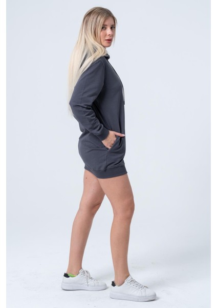 Füme Uzun Sweatshirt Elbise Tunik Uzun Kollu Yandan Cepli