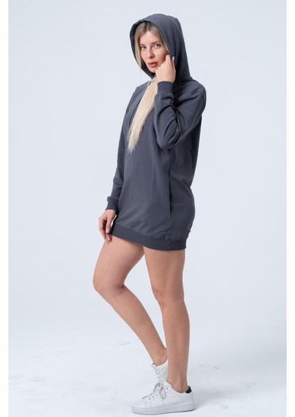 Füme Uzun Sweatshirt Elbise Tunik Uzun Kollu Yandan Cepli
