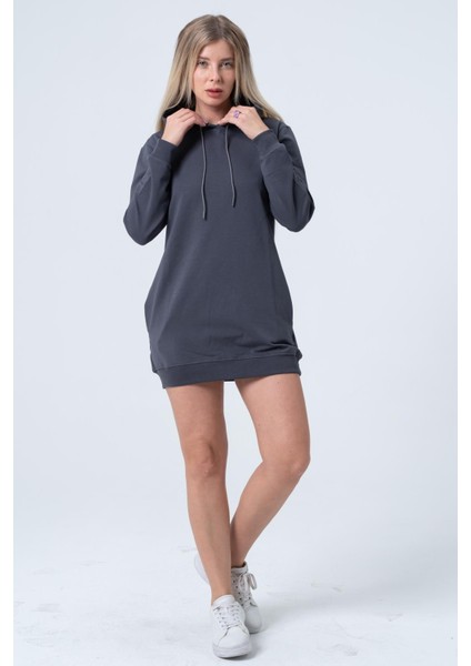 Füme Uzun Sweatshirt Elbise Tunik Uzun Kollu Yandan Cepli