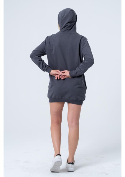 Füme Uzun Sweatshirt Elbise Tunik Uzun Kollu Yandan Cepli