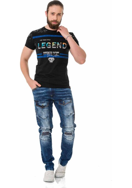CT715 Taşlı Desenli Siyah Tişört