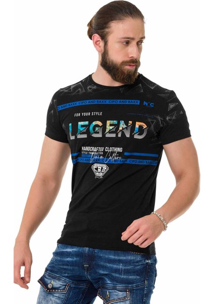 CT715 Taşlı Desenli Siyah Tişört