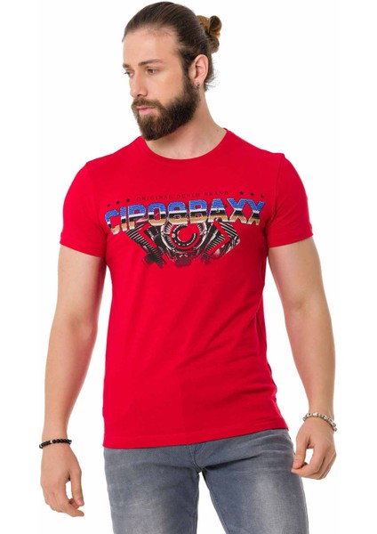 CT721 Renkli Taşlı Kırmızı Basic Tişört