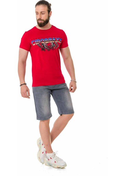 CT721 Renkli Taşlı Kırmızı Basic Tişört indirimleri