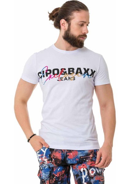 CT712 Nakışlı Yazı Beyaz Basic Tişört